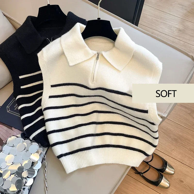 Chaleco de punto a rayas con cremallera y solapa Retro para mujer, suéteres sin mangas de moda coreana, chaleco informal simple, Otoño e Invierno