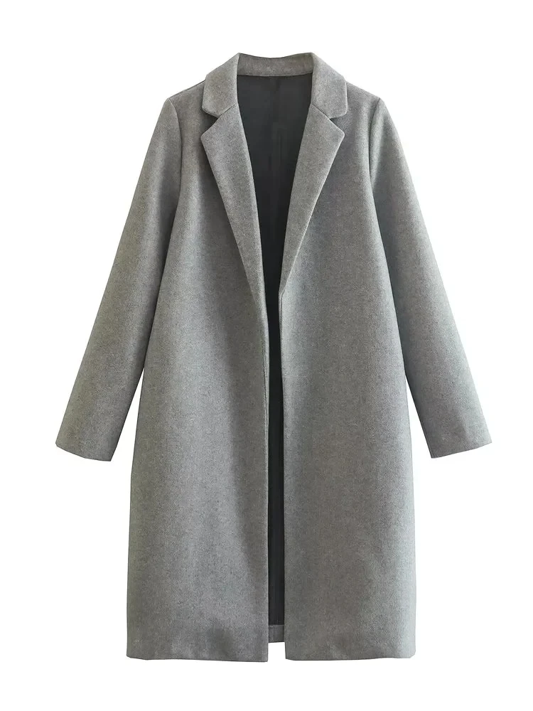 XNWMNZ Women Woolen Coat Fashion Open Stitch Long Coat Vintage Lapel Collar Long Sleeve Jacket Tops Female Outerwear Overcoat