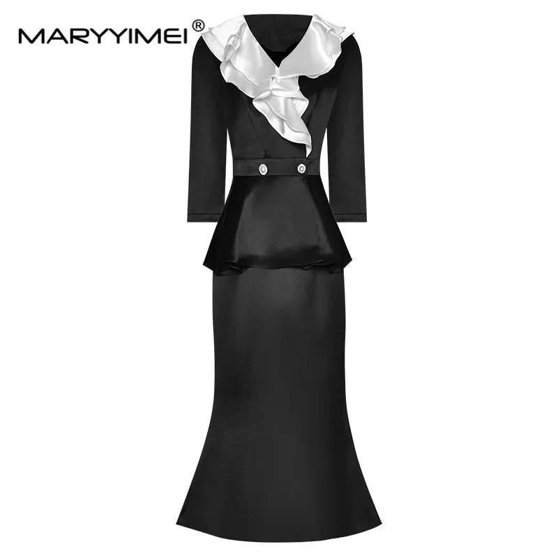 

Весенне-осенний Модный женский костюм MARYYIMEI с оборками, V-образным вырезом, топ на талии + облегающая юбка на бедрах, черный комплект из двух предметов