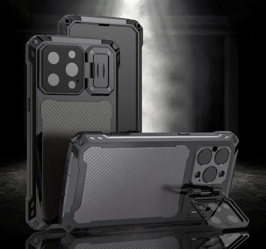 Heavy Duty Armor Cool Metal Case For iPhone 14 Pro Max Built-in Camera Kickstand Glass Screen Protector Protective Rugged Cover