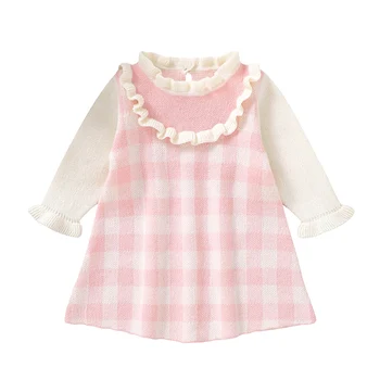 Sweet Long Sleeve Plaid Knee-length Baby Girls Pink Dresses Formal Wear Knitted Polyester Baby One-piece A-line Dresses