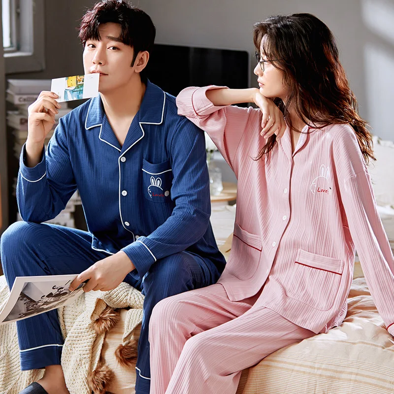 

2023 Spring Autumn Cotton Cartoon PJ Couple Pajama Sets Pyjamas Matching Sleep Loungewear Sleepwear Suits Pajamas for Lovers