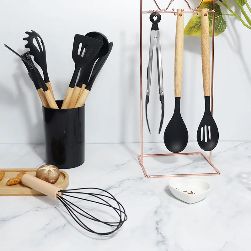 Food-grage silicone spatula soup spoon set wooden handle non stick household kitchenware cooking tool