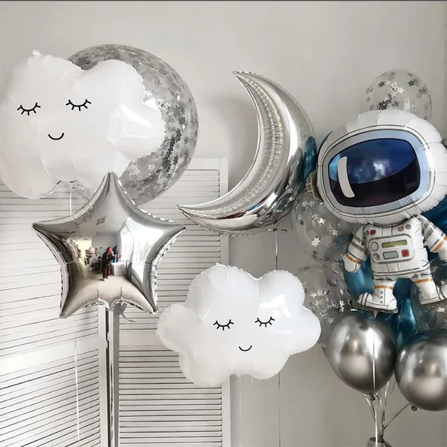 Globos de Decoración de cumpleaños de astronauta espacial, cohete, nubes blancas, favores de fiesta de Baby Shower, suministros de decoración de fiesta de bautizo para niños 1