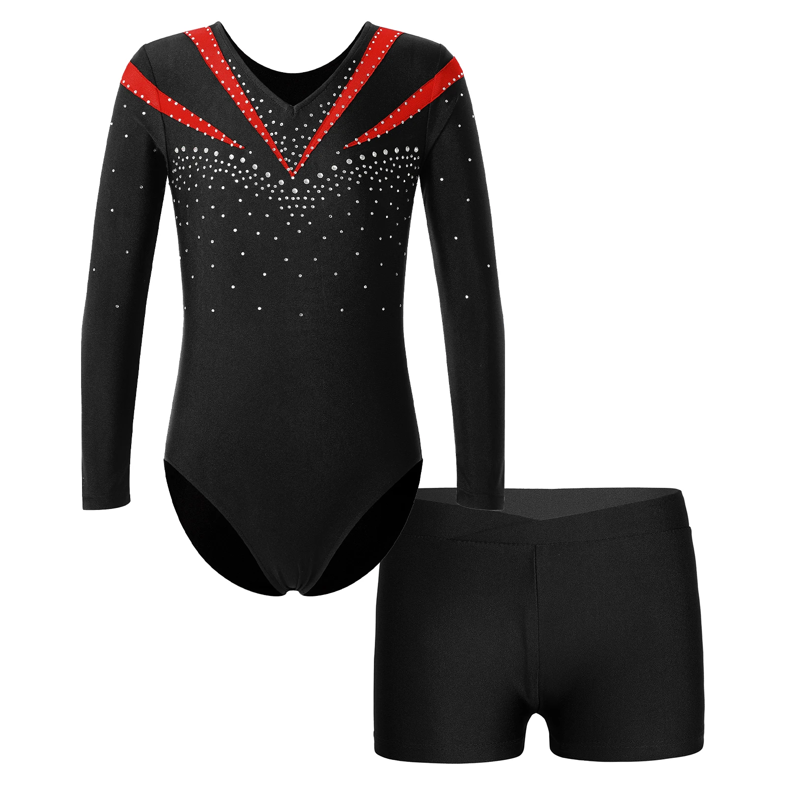 

Kids Girls Gymnastics Leotard Long Sleeve Shiny Rhinestone Contrast Color Bodysuit+Shorts for Performace Dancewear Sportswear