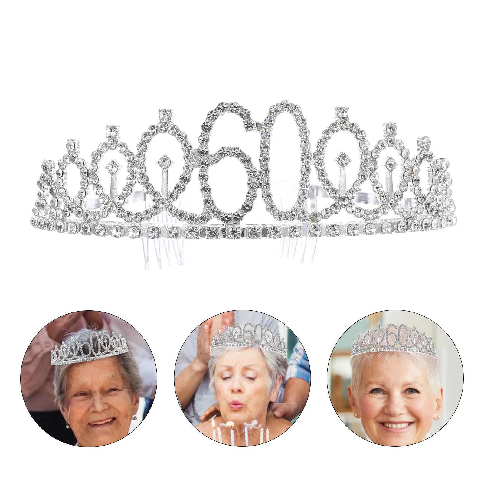 

60/70/80th Birthday Tiara Crystal Rhinestone Crown Tiara Headband With Hair Combs Clip For Mother'S Grandmother'S Party Decor