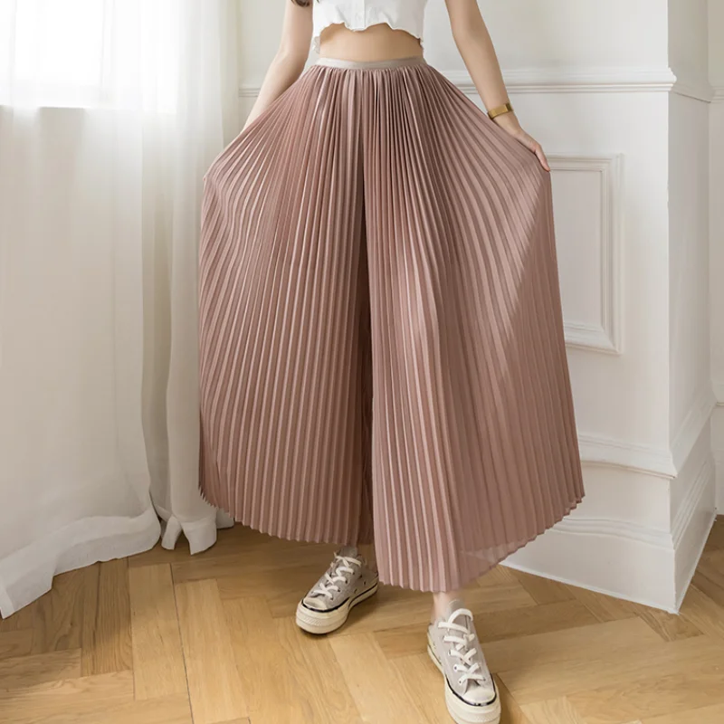 Women Spring Summer High Waist A-Line Pleated Skirt Pants New Fashion Wide-leg Trousers Female Solid Casual Loose Chiffon Pant