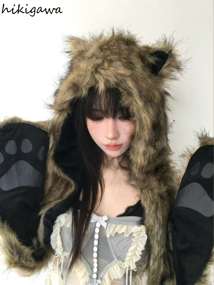 Women Hat Scarf Gloves Set 3-in-1 Winter Warm Plush Faux Fur Head Trapper Hooded Neck Warmer Windproof Earmuffs Snood Gloves Mittens Earflap Hat Long Scarf