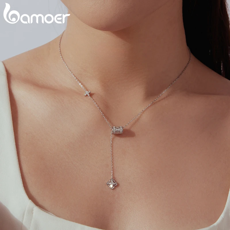 BAMOER Moissanite 목걸이 럭키 네잎 클로버 가디언 펜던트 여성용 파티 파인 쥬얼리 선물