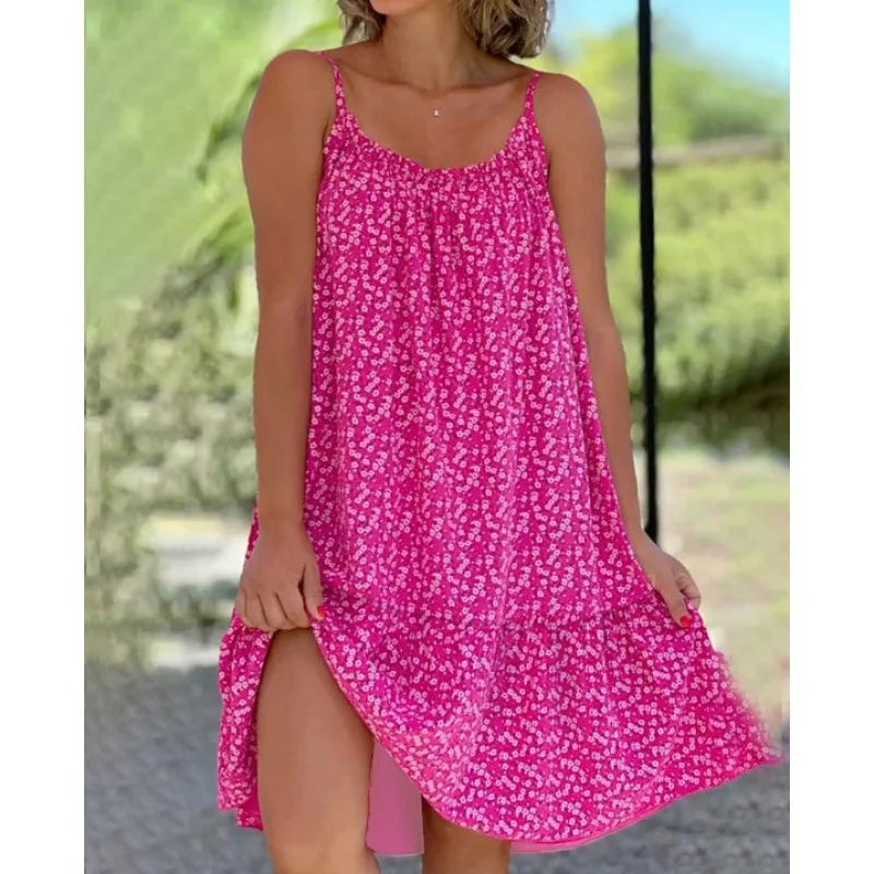 

Fashion Floral Print Spaghetti Strap Dresses Women Sleeveless Backless Casual Loose Beach Dress 2023 Summer New Vestido Feminino