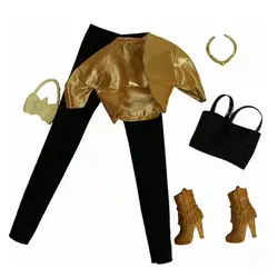 Ensemble de vêtements pour poupée Barbie, couleur or, manteau, débardeur, pantalon, sac, bottes, jouet pour enfants, cadeau pour fille, 1/6 