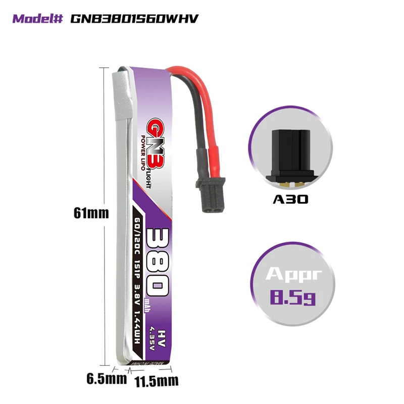 GNB 1S 3.8V 380mAh 60C Lipo Battery Cabled A30 BT2.0 High Current Discharge Connector For FPV RC Tiny Whoop Drone 3.8v Battery 4