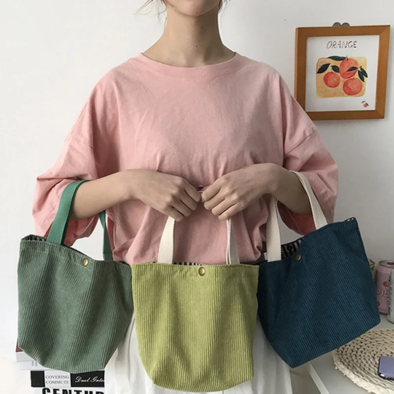 

Bags for Women Corduroy HandBags Reusable Lunch Bags Casual Shopping Storage Bags Japan Style Vintage Solid Color Bags