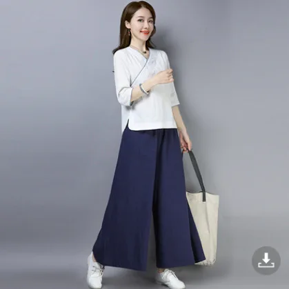 Cotton and Linen Yoga Suit Women Autumn Chinese Style Tea Art Suit Han Style Wide Leg Pants Two-piece Set