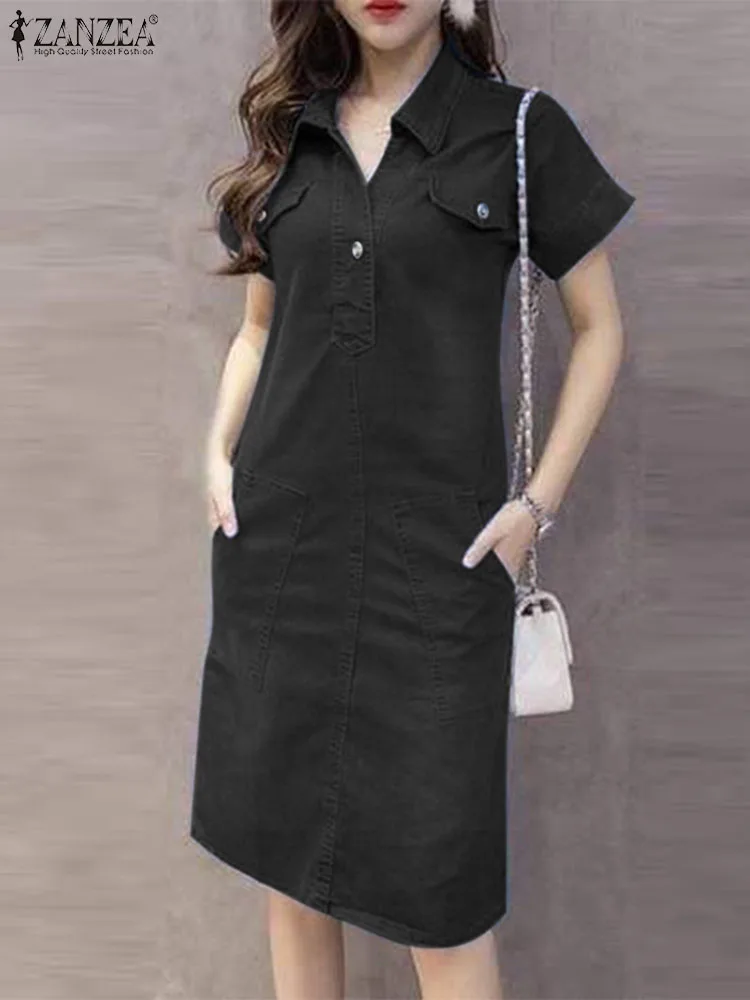 

Fashion Lapel Neck Short Sleeve Denim Blue Sundress 2024 ZANZEA Women Shirt Dress Summer Casual Solid Work Vestido Robe Femme