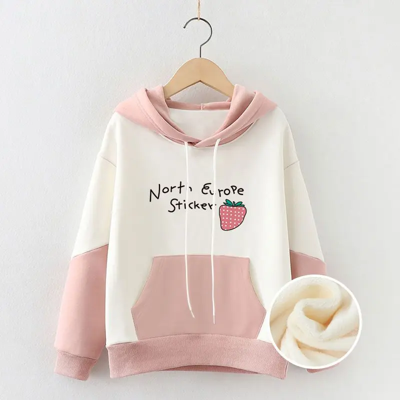 Harajuku Sweet Sweatshirt Hoodies Cartoon Cat Printed Hooded Women Winter Thick Warm Female Cute Kawaii Tops Tracksuit