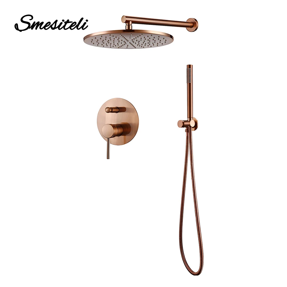 Shower Set Bath Brushed Rose Gold Rainfall Bathroom Faucet Brass Diverter Mixer Tap Hand Held 8-12" Head Wall Arm Valve Kit shower head shower set