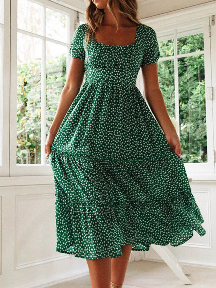 Vestidos 빈티지 프린트 퍼프 슬리브, 스퀘어 칼라 플로럴 맥시 롱 원피스, 여름 해변 스위트 드레스, 2024 페스타