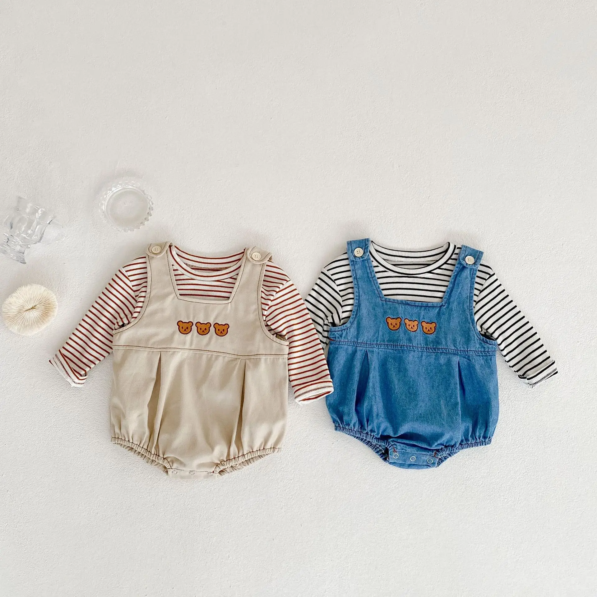 

Autumn Infant Boys Casual Set Baby Girl Cute Bear Striped Long Sleeves Tops + All-match Denim Overalla Bodysuit 2pc Suit