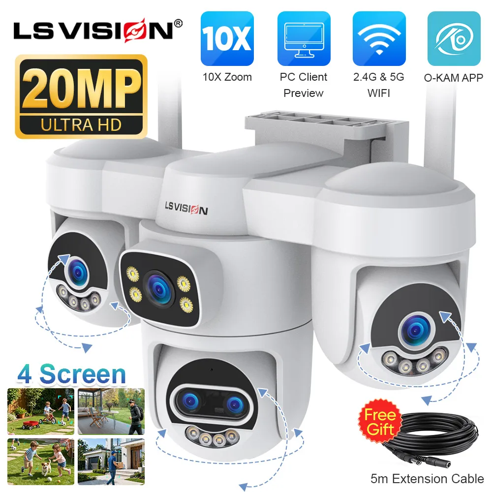 LS VISION 20MP Three PTZ Four Screens WiFi IP Camera Outdoor 10X Zoom 5-Lens Human Auto Tracking PC Client Surveillance Cameras 1