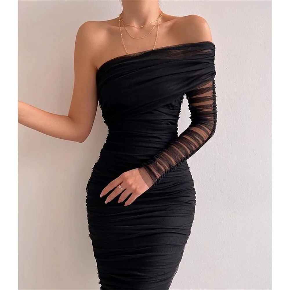 

2023 Black Women One Shoulder Mesh Long Dresses Sexy Diagonal Collar Wrap Slim Bodycon Female Formal Evening Party Dress