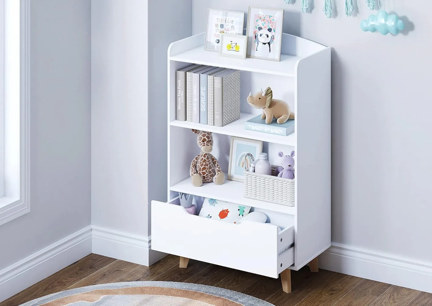 kids Bookshelf Wood Kids Toy Storage Organizer Children's Bookcases with Storage and Drawer for Playroom Bedroom Nursery School