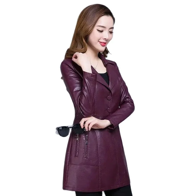 

Women Mid-Length PU Suit Collar Leather Jacket 2023 Autumn New Korean Fashion Slim Windbreaker Coat Female Outerwear 5XL H3069