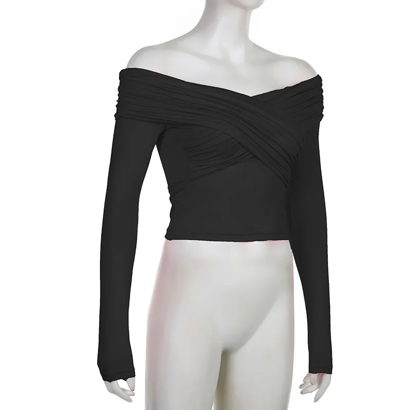 V-Neck Summer Patchwork T-shirt Cropped Top For Women Fashion Mesh Long Sleeve Sexy Off-Shoulder Female Y2k Top Tee 2025