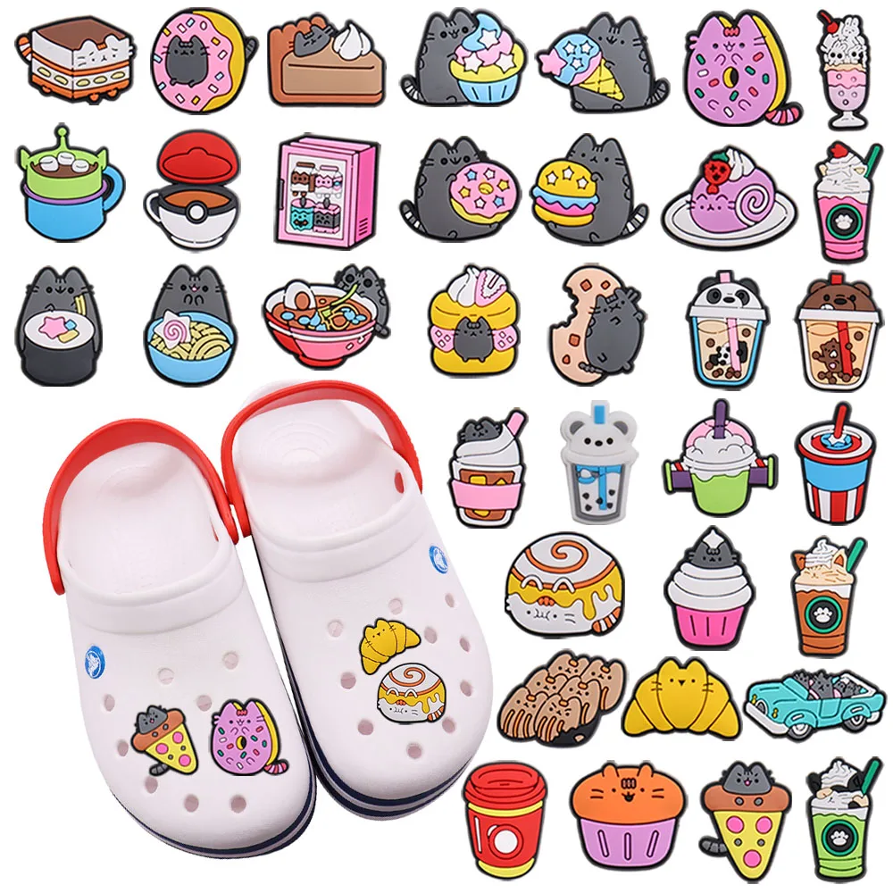 

Wholesale 50Pcs PVC Noodle Hamburger Cupcake Cat Croc Buckle Clog Kids Drinks Shoe Charms Decorations Fit Bracelet Jibz