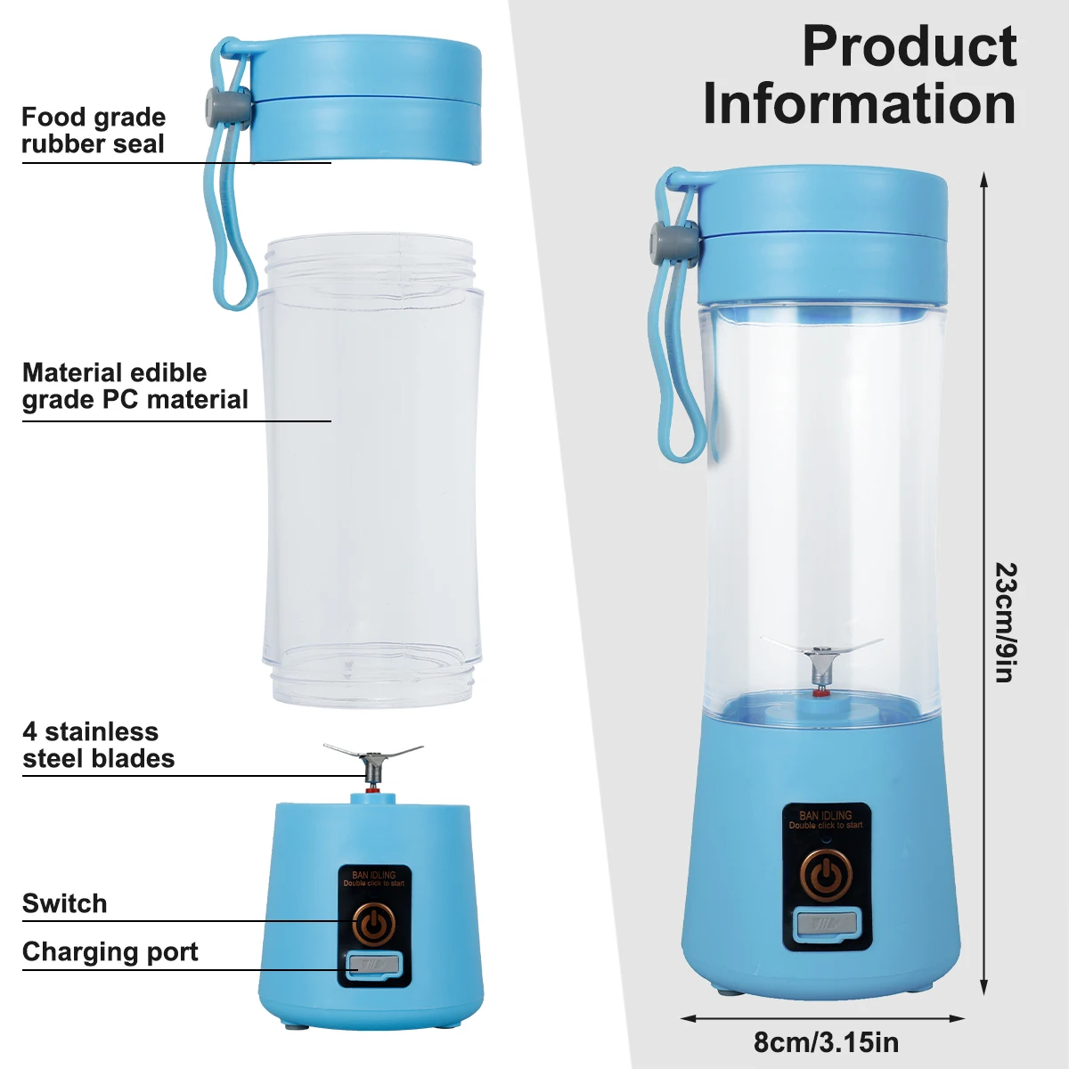 Personal Smoothie Blender Mini Portable Travel Juicer Cup, USB Rechargeable  Blender, Blue