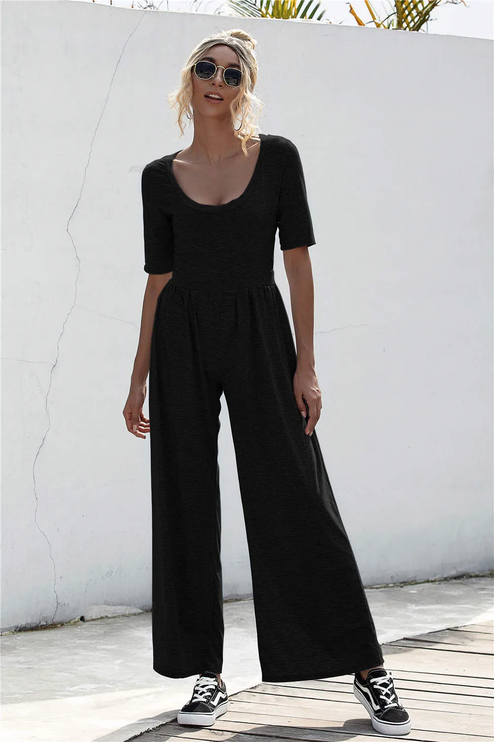 

Summer Jumpsuits&Rompers for Women Solid Color Short Sleeve Casual Jumpsuits Wide Pants Loose Style Femme Beach Tracksuits C3665