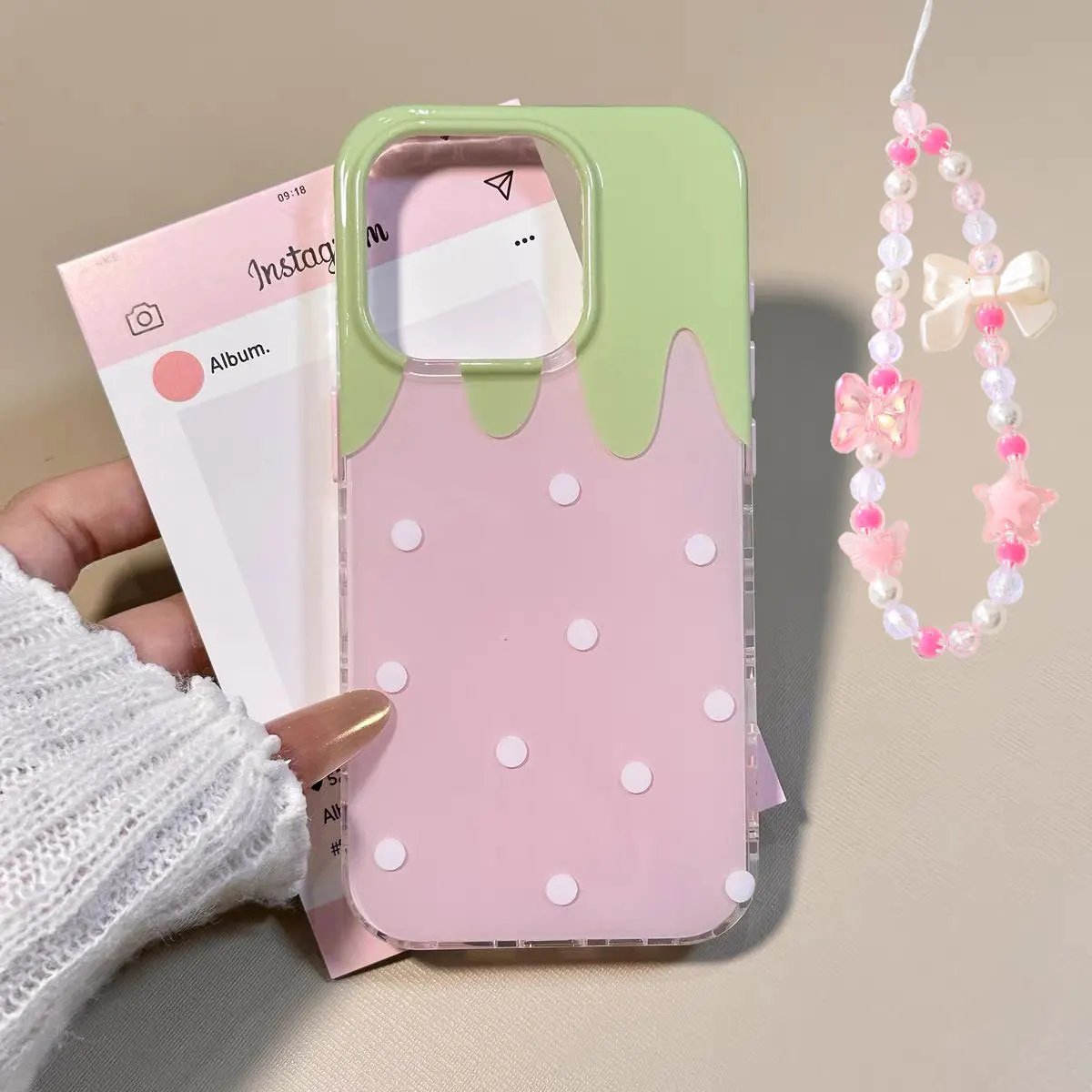 Korean Pink Cute Strawberry Polka Dot Bow Phone Case - Y2K Style Cover