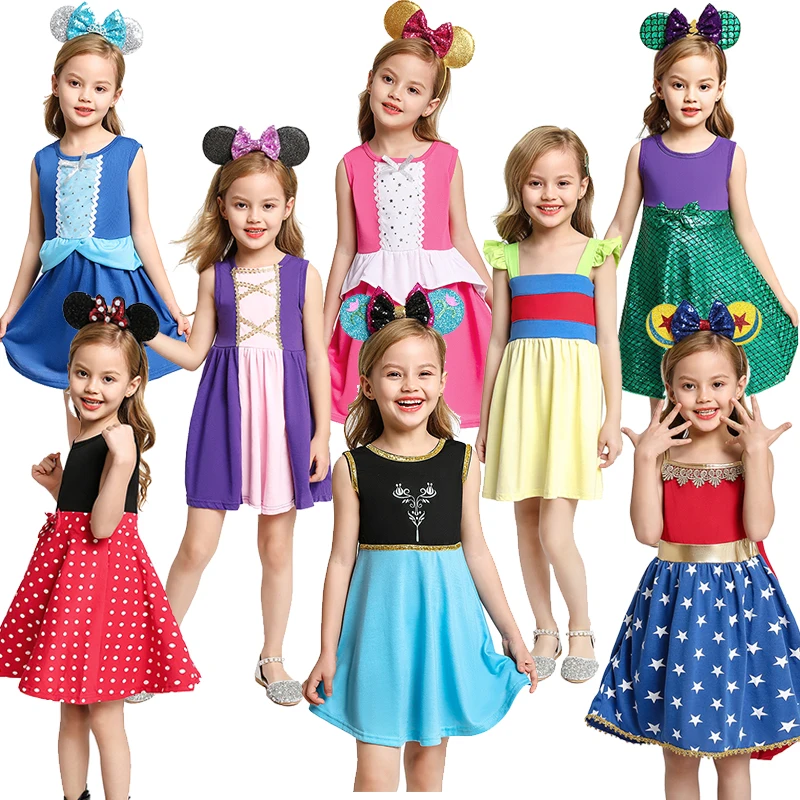 

Летние платья Disney, повседневная юбка для девочек, милое летнее праздничное платье 2024, Холодное сердце, Эльза, фототкань, одежда