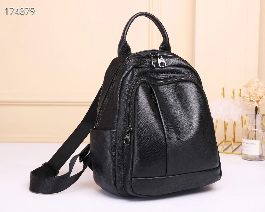 Schwarz Echtes Kuh Leder Rucksack Frauen Casual Anti-diebstahl Damen Echtes Leder Schulter Tasche Solide Muster Mädchen Schule Bagpack – Detail 5