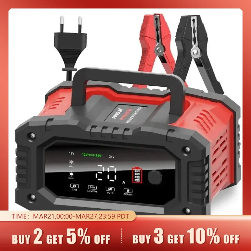  20A/10A Car Motorcycle Battery Charger 12V/24V Smart Charger Lithium AGM GEL Lead-Acid LiFePO4 Battery Chargers 