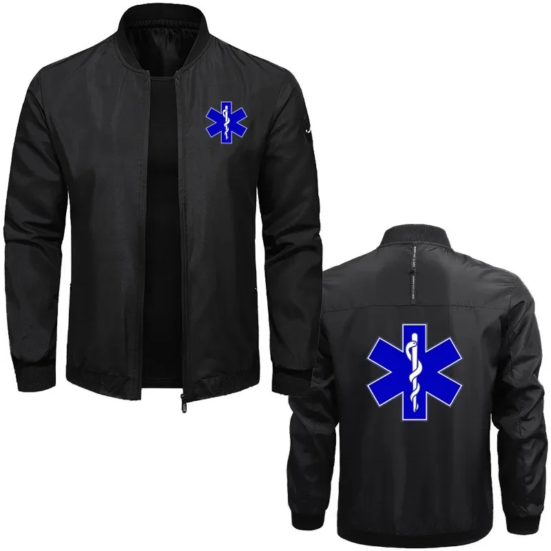 

Hot sale Men's bomber jacket EMT Emergency Ambulance print Solid color zip jacket for men Simple classic men's baseball jacket
