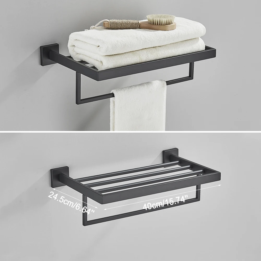 Black Bathroom 40cm Accessories Set Wall-Mount Stainless Steel Towel Bar Rack Toilet Roll Paper Holder Robe Hook Hanger Hardware