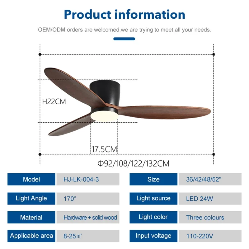 42/52 Inch 3 wood Blades 35W DC Motor Low Floor Ceiling Fans with 24W tricolor light support remote control