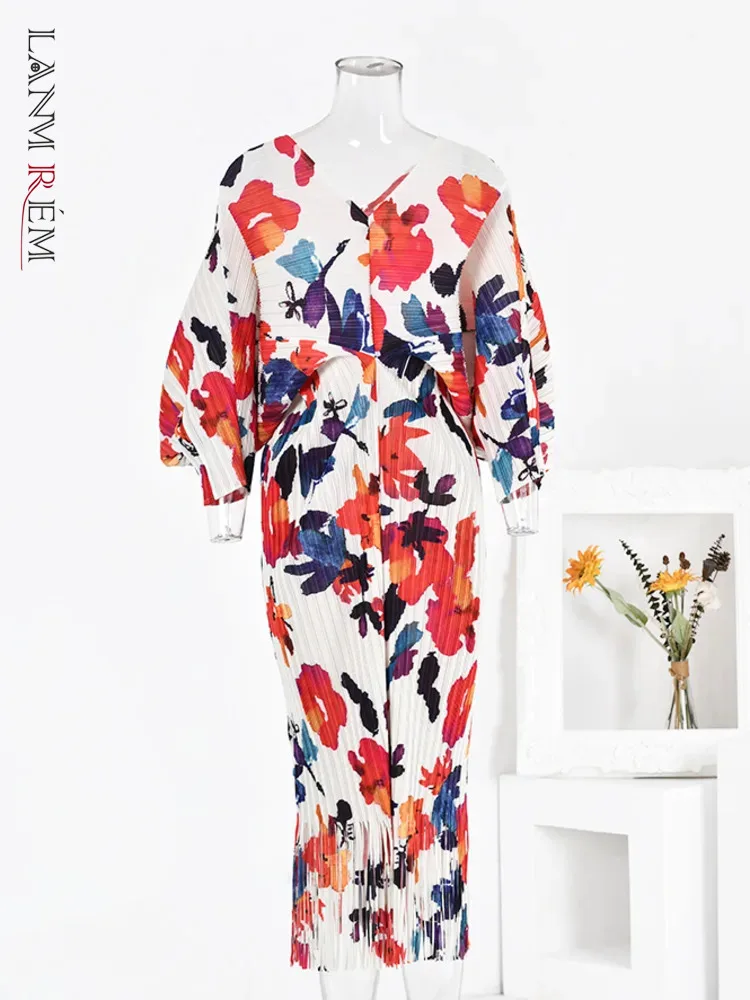 

LANMREM Floral Print Pleated Fashion Dress Women V Neck Batwing Sleeves Contrast Color Long Dresses 2024 Spring New 32D613