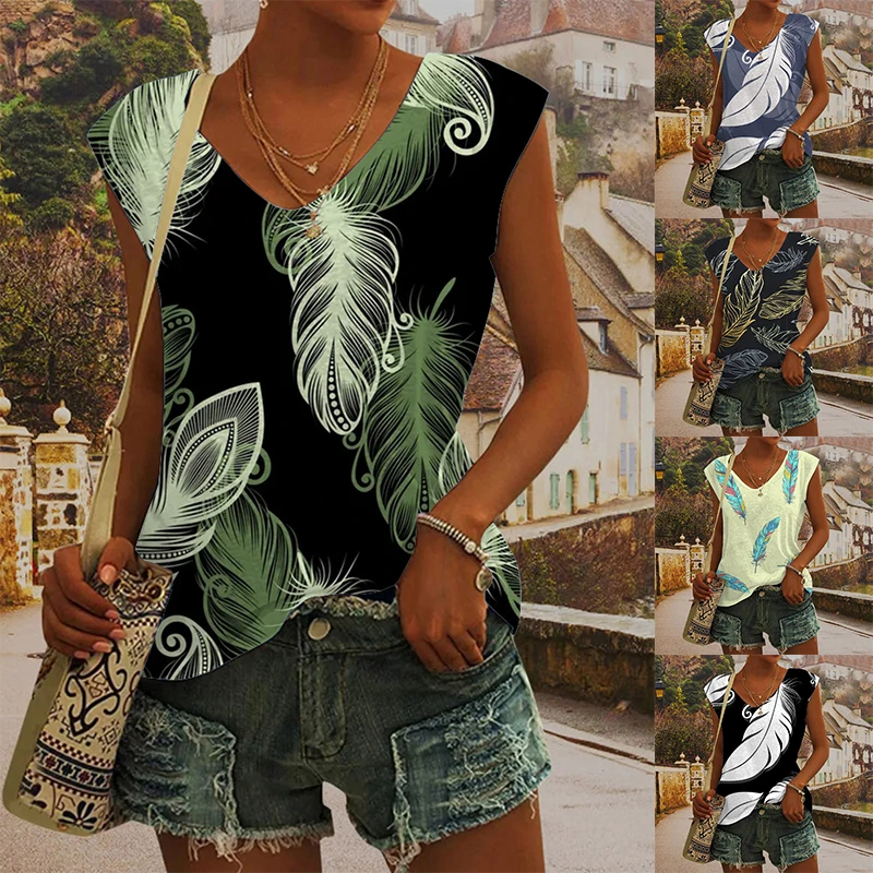 

2024 New Women's Casual Sleeveless Vest Print Beautiful Feather Pattern Oversized Women's Top Y2k Style Summer Casual Breathable