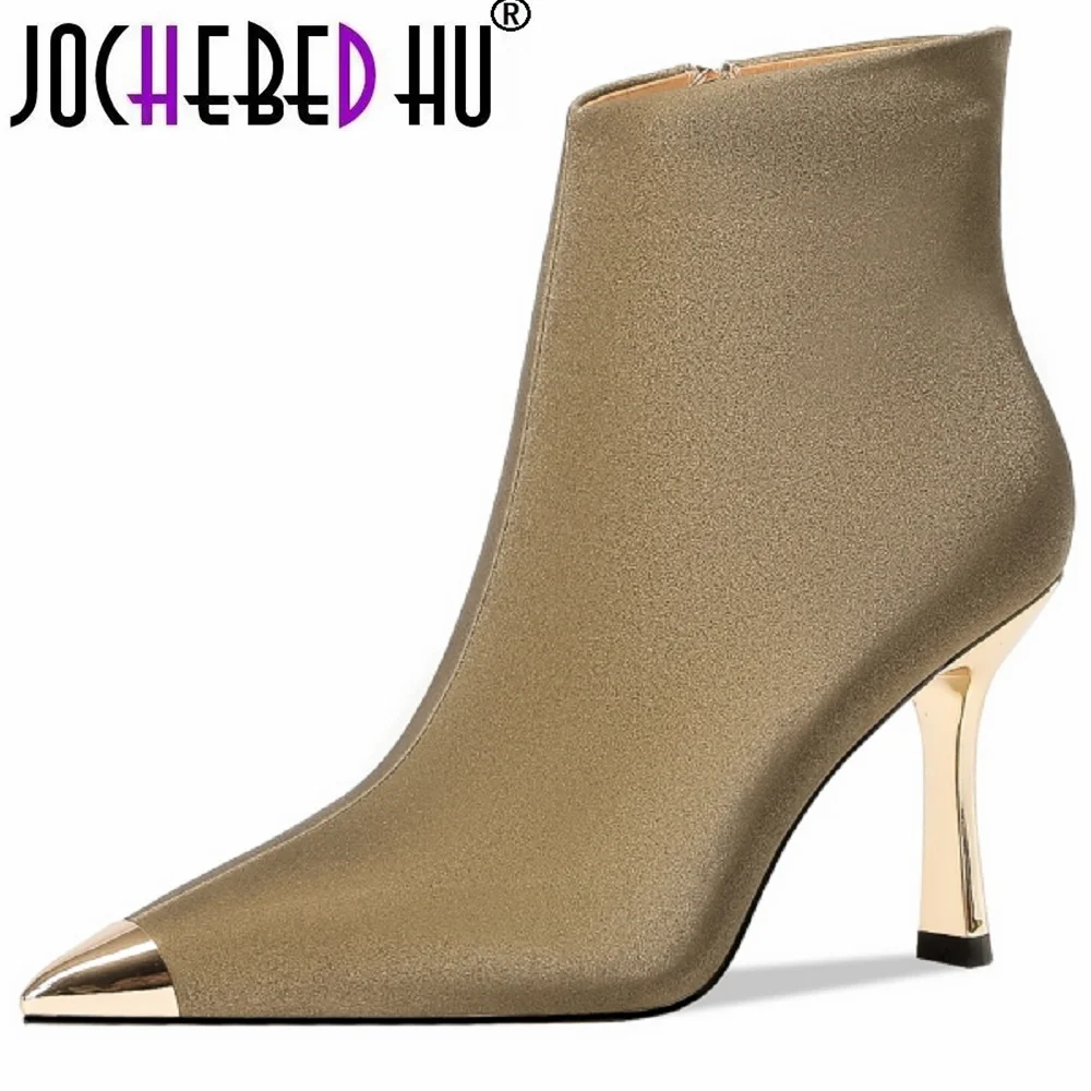 

【JOCHEBED HU】Thin High Heels Women Ankle Boots Fashion Metal Decoration Genuine Leather Autumn Winter Office Lady Shoes Elegant