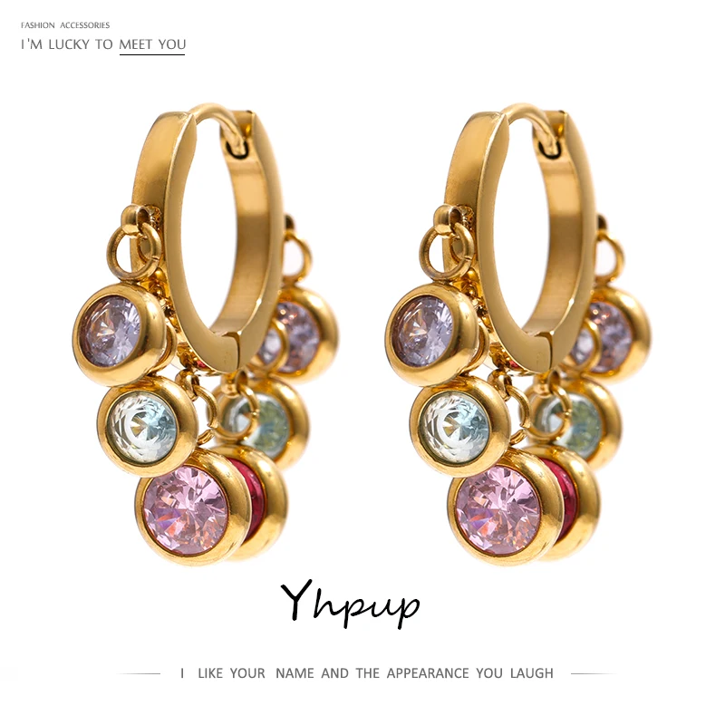 Yhpup Stainless Steel Colorful Cubic Zirconia Hoop Earrings for Women Exquisite Fashion Metal Texture Geometric Earrings Gift