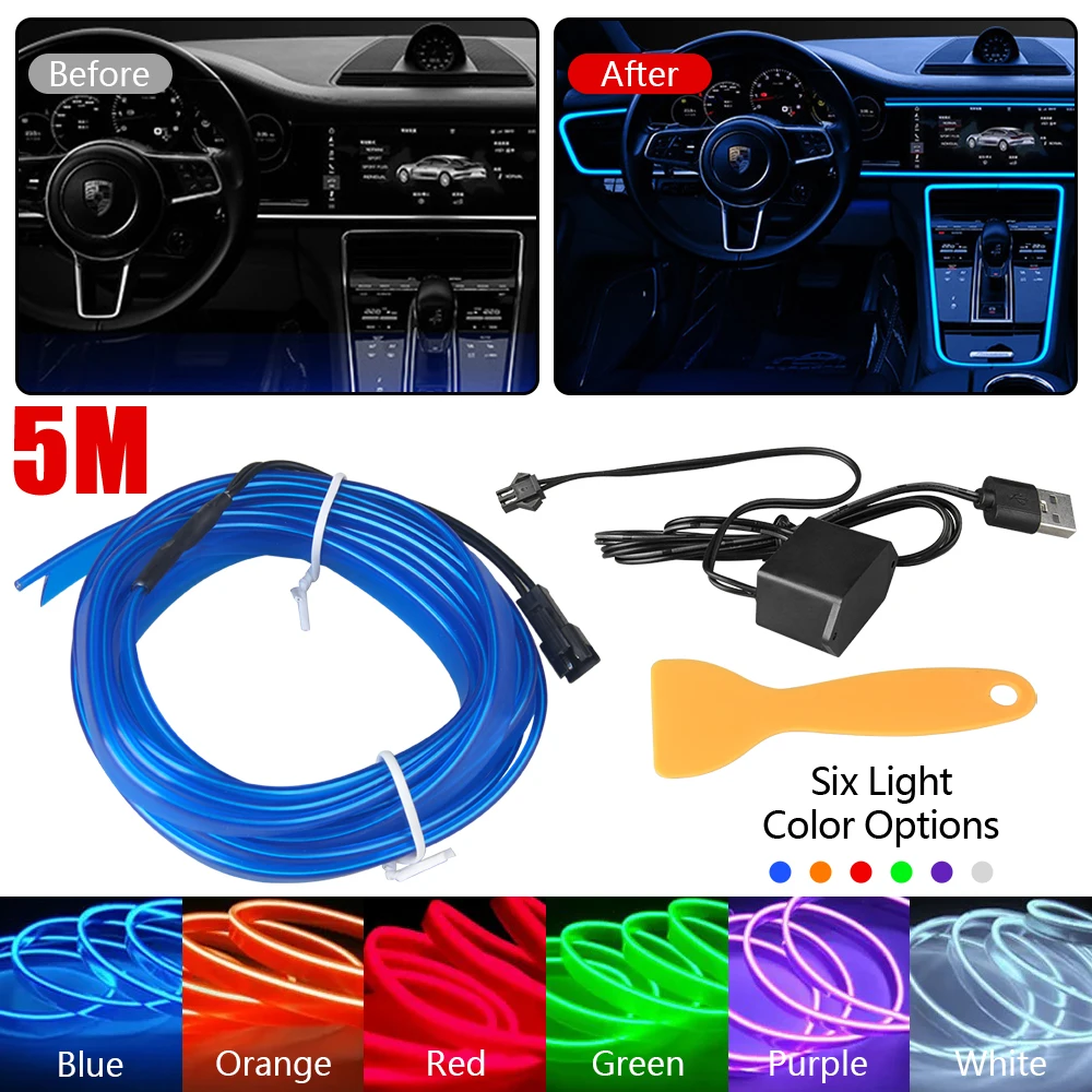 풀 컬러 스트리머 OBD2 자동차 분위기 조명, RGB 범용 LED 인테리어 숨겨진 아크릴 스트립, 심포니 분위기 램프, 5m