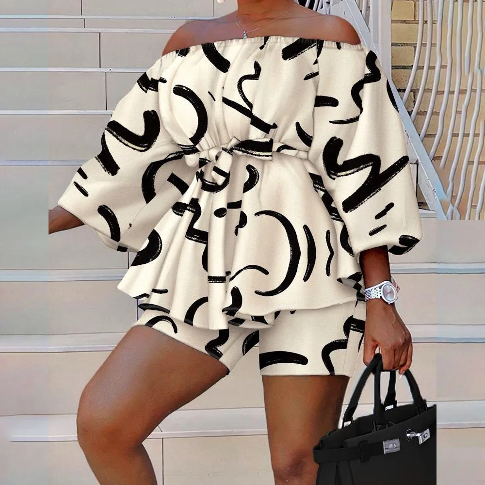 

2023 Two Piece Sets Women Casual Printed 2 Piece Outfit Off Shoulder Puff Sleeves Loose Fit Top Skinny Shorts Suit Women