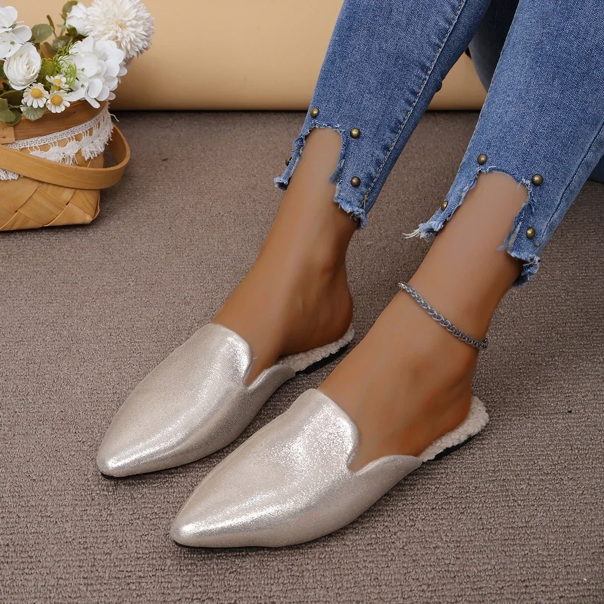 

Мюли женские с острым носком, бархатные туфли на плоской подошве, домашняя хлопковая повседневная обувь, зимние тапочки, большие размеры