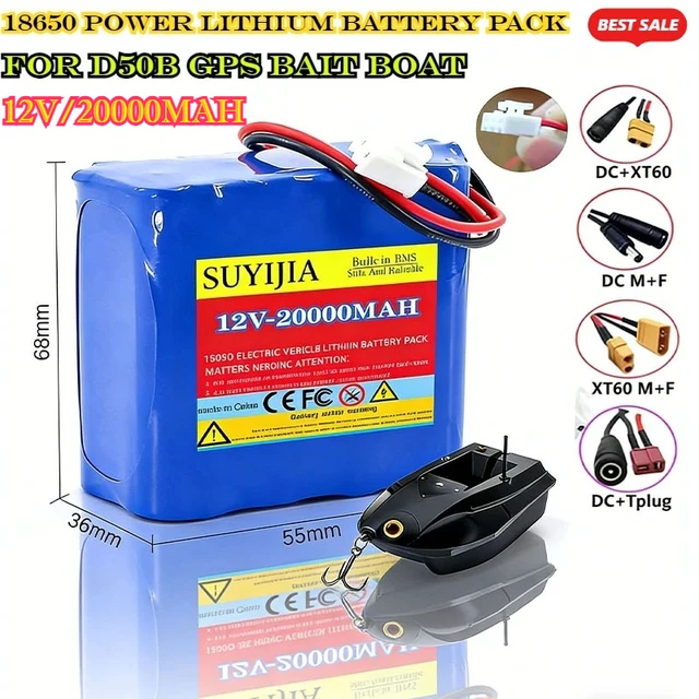 Batterie au lithium 18650 pour bateau à appât GPS D50B, 12V 20000mAh, adaptée aux interphones d'ascenseur, aux sonnettes vidéo, aux lampes de secours 1