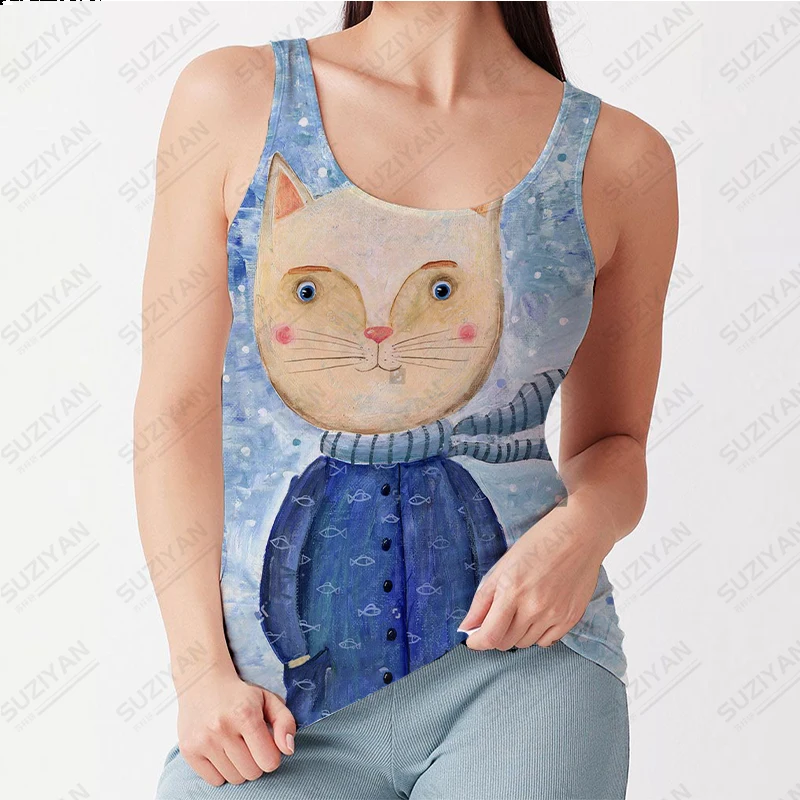 

2023 Summer New Fashion Hot Selling Women's Tight Sleeveless Tank Top Cute Cat 3D Print U Neck Hawaiian Beach Style Casual Top