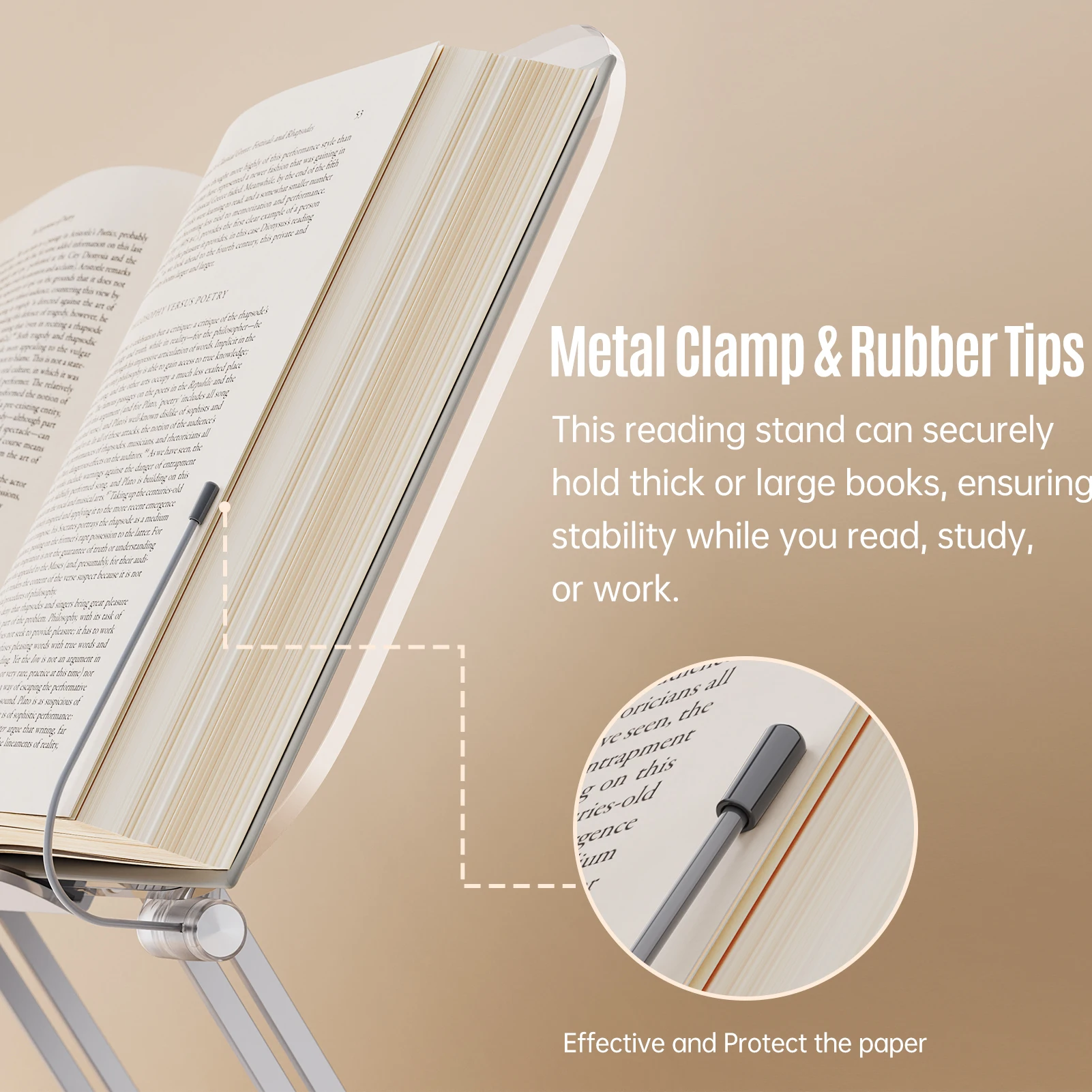 Bisofice R15 Desktop Book Stand for Reading with 360° Rotating Base Transparent Acrylic Panel & Page Clips Foldable and Angle