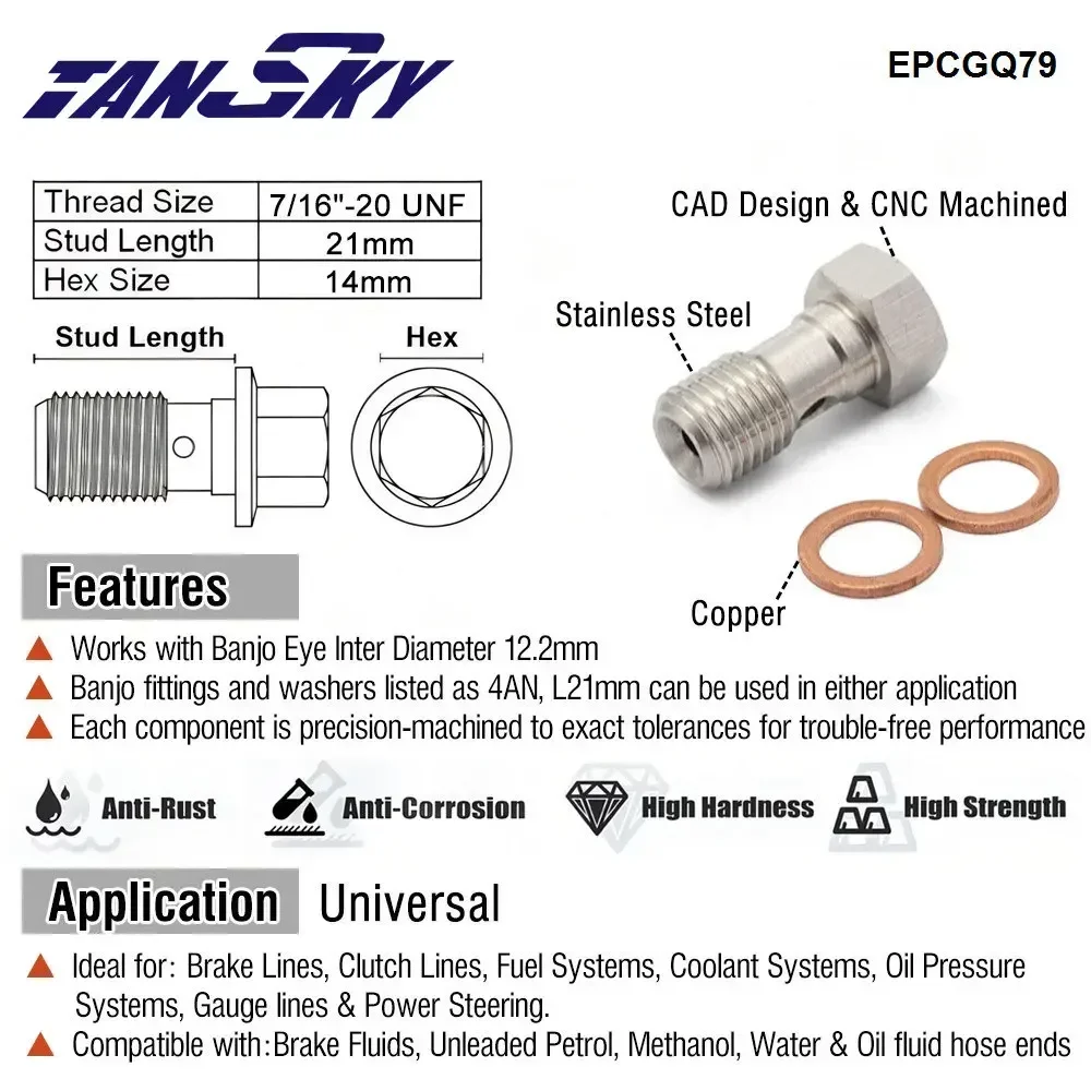 TANSKY Single Banjo Bolt Stainless Steel 7/16" x 20 UNF AN4 / AN3 / M10 M12 x 1.0mm Turbo Brake Line Adapter Fitting EPCGQ79