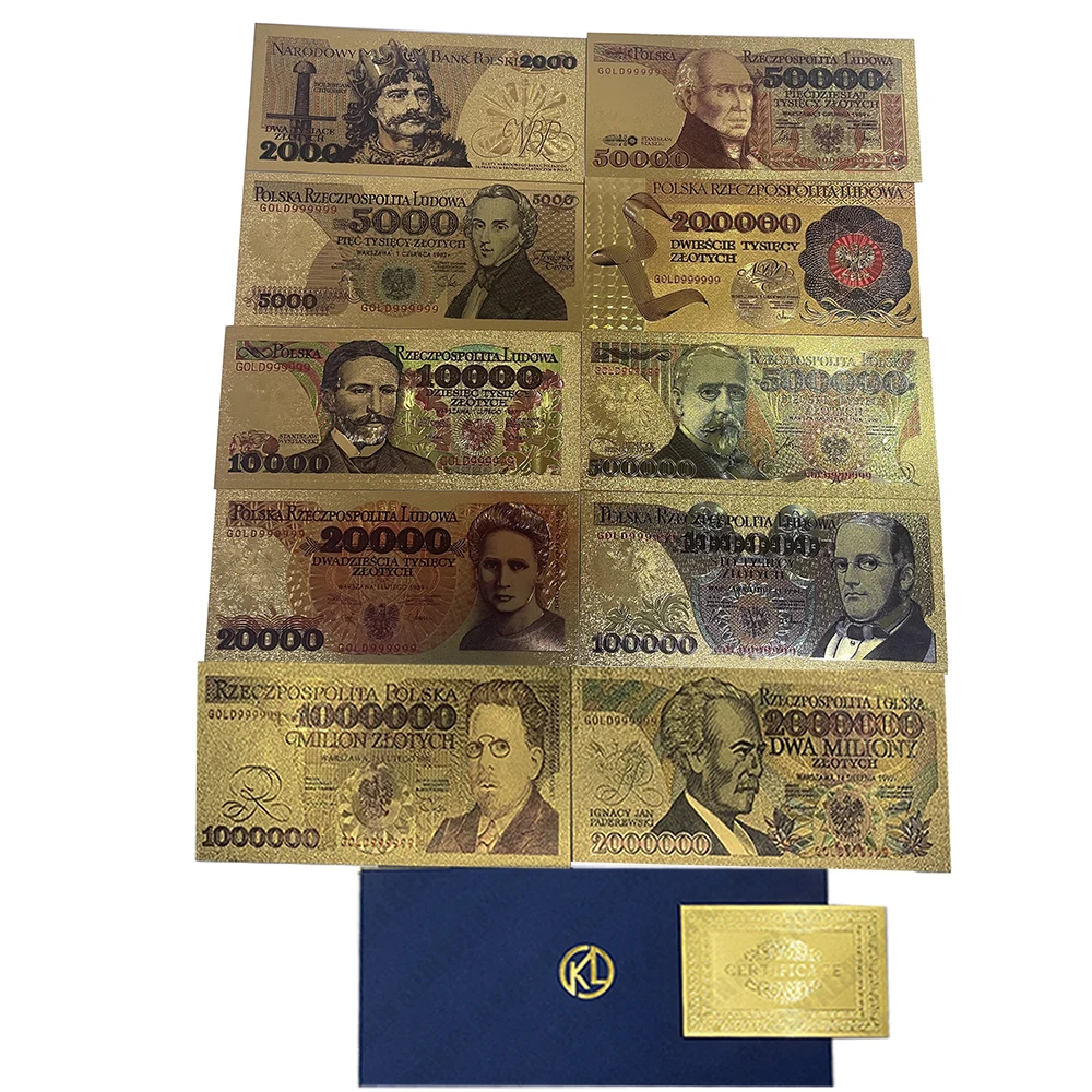 2types Gold plated Poland Banknotes 1000000 2000000 PLN dollars Polish 1million 2 million bills for Partriotism Collection gold plated banknote world original notes commemorative banknotes